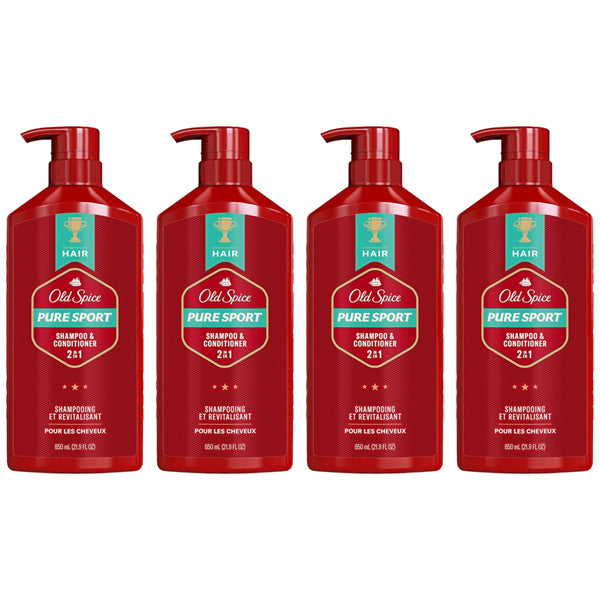 Four bottles of Old Spice Pure Sport 2in1 Shampoo & Conditioner for Men, 22oz each, lined up in a row for barbershop-quality hair and a refreshing lemon-lime scent.